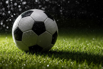 Obraz premium Soccer ball on wet grass with water droplets