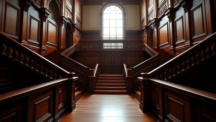 Obraz premium The luxurious interior features a symmetrical and detailed wooden staircase.