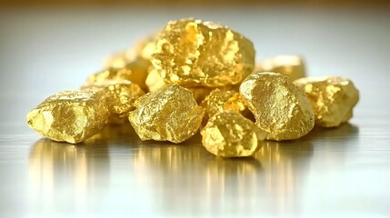 Close macro 50mm daylight frame, textured gold nuggets resting on glossy surface with sharp mirrored edges