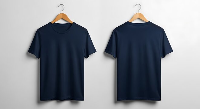 Navy Blue Blank T-Shirts Mockup - Front and Back View on Hanger