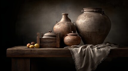 A rustic arrangement of antique jars and a wooden crate on a table evokes a vintage charm, perfect for projects related to culinary art, home decor, or heritage themes