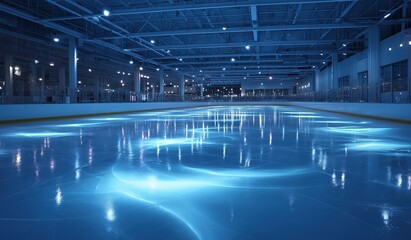 Large empty ice rink with glowing blue center light viewed from angle creating reflective patterns. Soft lit warehouse with long shadows conveys calm atmosphere