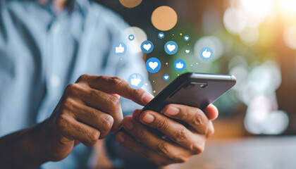 Person using smartphone with social media reaction icons floating above.
