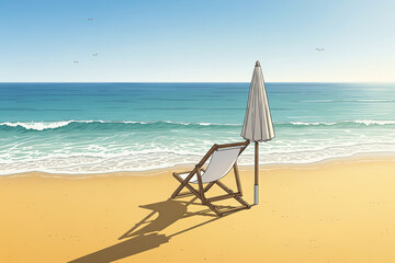 Empty beach chair and umbrella under sunny sky