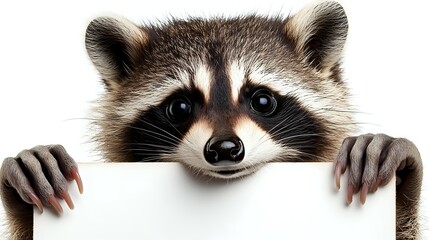 Obraz premium Curious raccoon peeking over white banner with paws, close up portrait on white background. Isolated funny animal character for advertising and design projects.