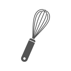 Fototapeta premium Gray wire whisk with a black handle on a white background.