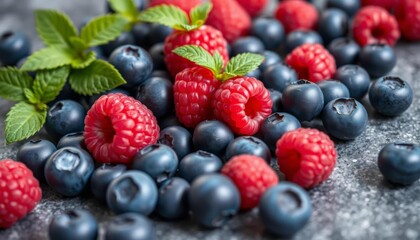 Vibrant blueberries & raspberries arranged on a flat surface , recipe, still life