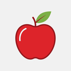 Red apple with green leaf and stem on white background.