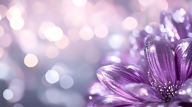 Purple daisy macro with water drops and soft bokeh background in pastel colors, romantic spring nature photography for greeting cards and wall art.