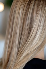 Fototapeta premium Close-up of straight blonde highlighted hair showing smooth texture and natural balayage technique with light beige and pearl tones for beauty and haircare advertising.
