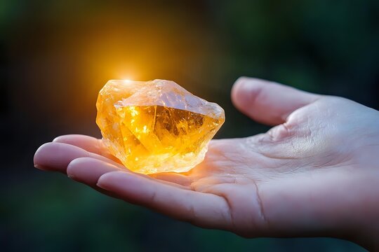 Raw citrine crystal glowing with warm golden light held in open palm against dark background, showcasing natural mineral healing properties.