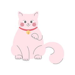 Cute hand drawn maneki neko beckoning cat with raised paw. Lucky cat isolated on white background