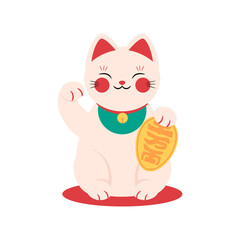 Beckoning cat Maneki neko flat icon isolated on white background. Vector illustration