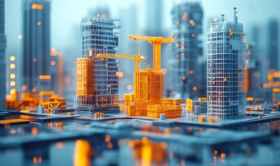 3D printing machines constructing skyscrapers in a future urban environment, innovative technology, 3D illustration