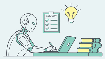 Smiling Robot Working on Laptop with Checklist and Idea.