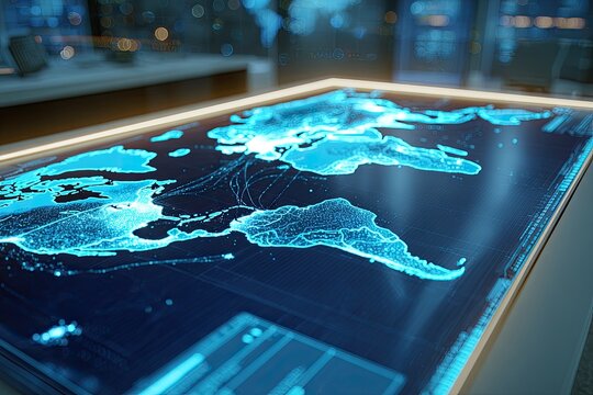 Futuristic digital world map illuminated with glowing blue lines and dots