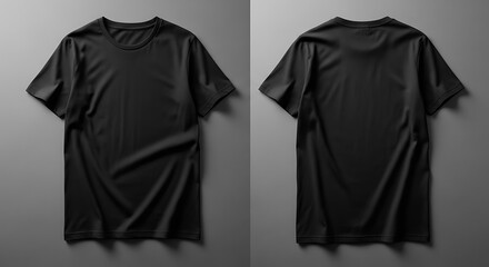 Front and back view of a plain black t-shirt mockup, perfect for design presentation. Blank apparel template for customizable fashion branding.