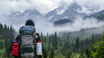Hiker Looking at Mountain View, Outdoor Adventure, Mountaineering, Nature Travel Material