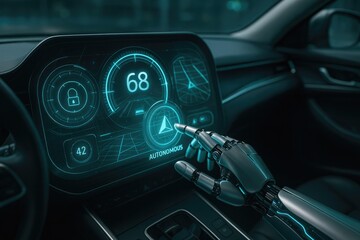 A futuristic touch: a robotic hand interacting with a high-tech car dashboard displaying speed and settings for an advanced driving experience in a sleek automobile.