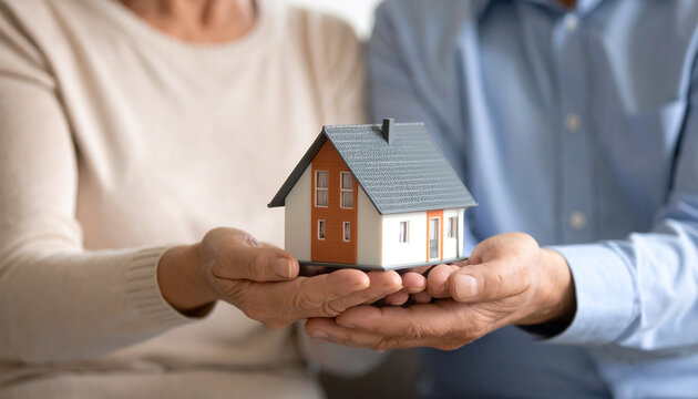 Elderly couple carefully holding a miniature house in their hands, symbolizing their plans for buying a new home, downsizing, or considering real estate investment for retirement