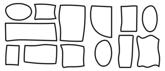 Doodle geometric frame set, hand drawn marker pen line strokes. square, rectangle and circle. Doodle geometric borders. Pen ink empty black text boxes set. Vector illustration.