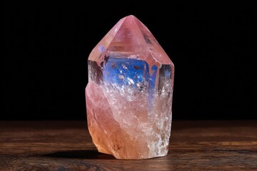 Fototapeta premium Pink crystal point on wooden surface