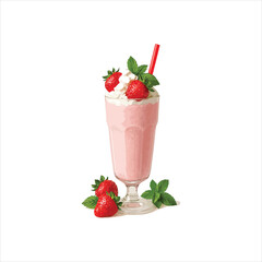 A tall glass filled with a thick strawberry milkshake