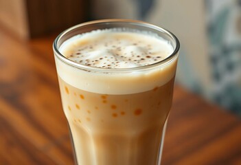Creamy coffee froth atop milky bubble tea in a glass, milk tea, white