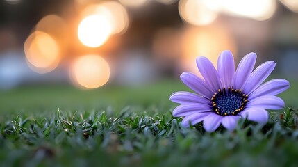Purple daisy flower blooming on grass with soft golden bokeh lights in background creating dreamy natural atmosphere for spring and summer designs.