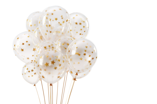A festive cluster of clear confetti balloons filled with gold glitter and stars against a dark background