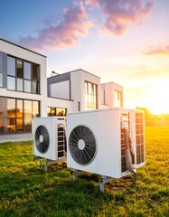 Two white HVAC units sit on grass outside modern buildings at sunset