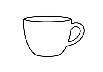 A simple line art illustration of a white empty coffee cup with a handle set against a plain white background