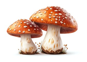 Red and white spotted mushrooms amanita muscaria growing in grass on white background, botanical illustration for nature and wildlife designs.