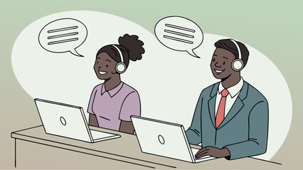 Two Smiling Customer Service Agents with Headsets and Laptops.