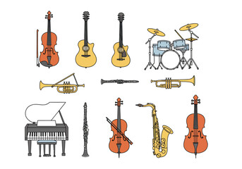 Musical instruments arranged stringed wind percussion and keyboard instruments displayed against a white background © dhorido studio