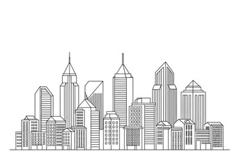 Outlined cityscape showing various buildings with diverse shapes and sizes against a blank background
