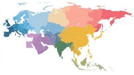 Colorful Map of Asia and Surrounding Regions with Geographic Divisions