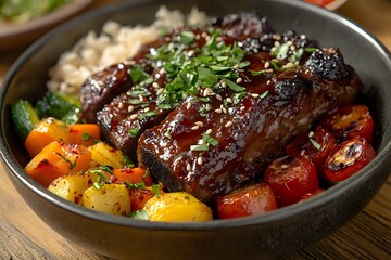 Fototapeta premium Glazed beef short ribs served with roasted vegetables and rice in dark ceramic bowl, garnished with sesame seeds and fresh herbs, close up food photography.