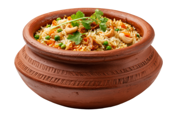 Delicious indian chicken biryani served in a traditional clay pot with fresh herbs and spices