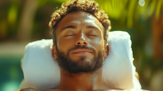 Young African American man with closed eyes and beard relaxing on white spa pillow, expressing serenity and wellness against blurred natural background. - Powered by Adobe
