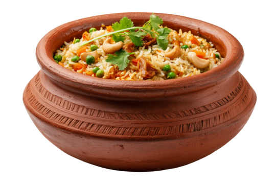 Delicious indian chicken biryani served in a traditional clay pot with fresh herbs and spices