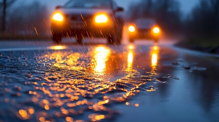 Cars driving on wet road during heavy rain with glowing headlights reflecting on water surface creating atmospheric evening scene with bokeh effect and puddle reflections.
