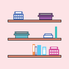 Wooden shelves with colorful storage boxes and books on a pink background, a neat and minimalist look suitable for home decoration inspiration.