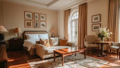 Fototapeta premium Luxurious hotel bedroom with natural light
