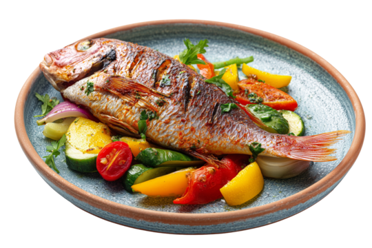 Whole grilled red snapper served with colorful roasted vegetables on a rustic ceramic plate