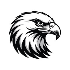 Black and white stylized illustration of eagle head in profile facing right, featuring fierce eye, curved beak, and detailed feather shading