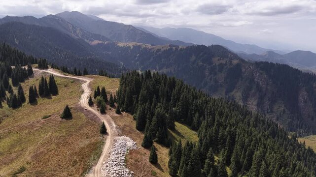 Oi Qaragai Gorge. The view from the drone. Mountainous terrain with different vegetation in the summer.