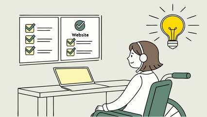 Woman in Wheelchair Working on Laptop Idea Lightbulb.