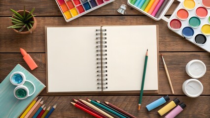 Blank notebook surrounded by art supplies including paints, colored pencils, and markers, ideal for creative projects