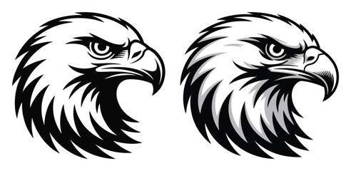Black and white illustrations of eagle heads facing right, one bold and graphic, the other shaded for depth—showcasing artistic contrast and intensity